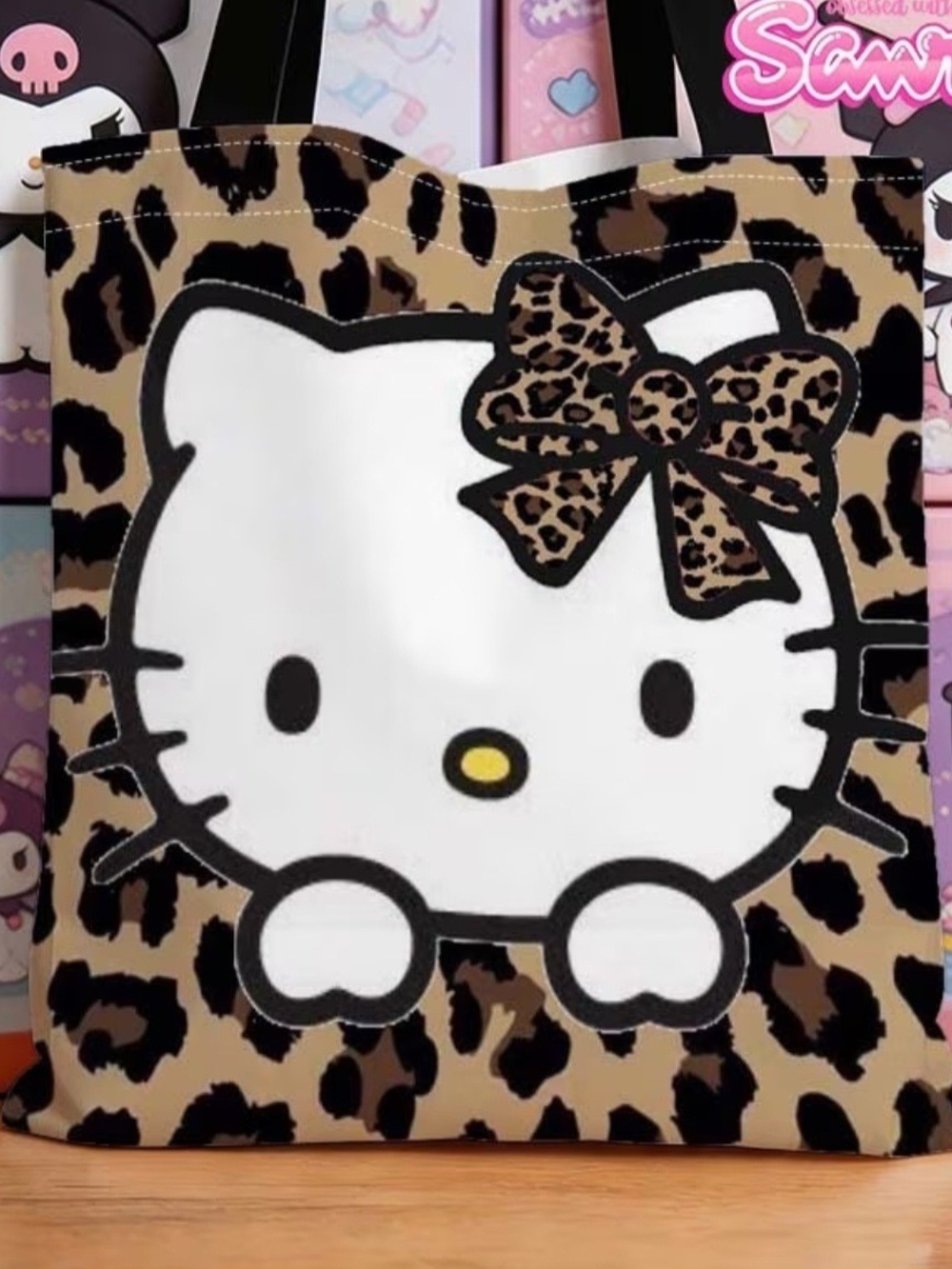 Hello Kitty Leopard Bow Tote Bag - White, Brown, Black